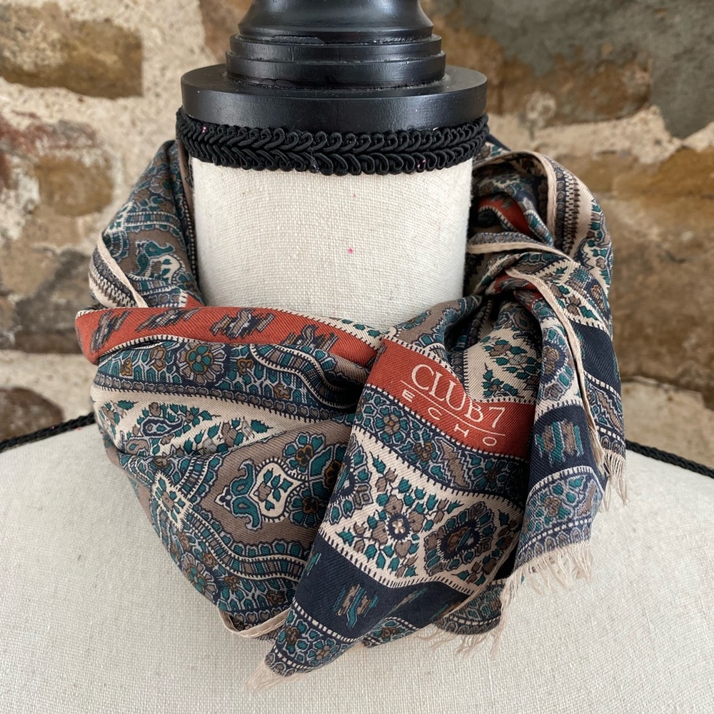 Vintage Dark Salmon & Taupe 100% Silk Echo Scarf KP105